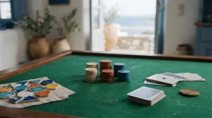 Ξύλινη επιφάνεια με αφαιρετικά σύμβολα κουλοχέρηδων, μάρκες και κάρτες γύρω από πράσινο τραπέζι